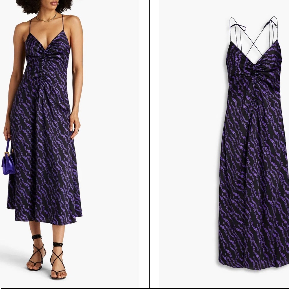 SANDRO
Thais Ruched Crossback
A-Line Midi Dress  in Black/Purple